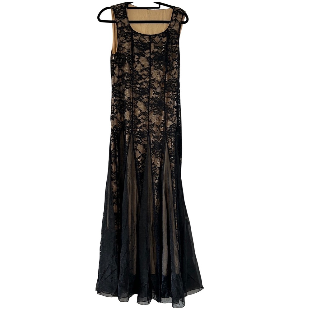 Black Floral Lace Maxi Dress Tan Lining Sleeveless Mermaid‎ Gown Size 6 M